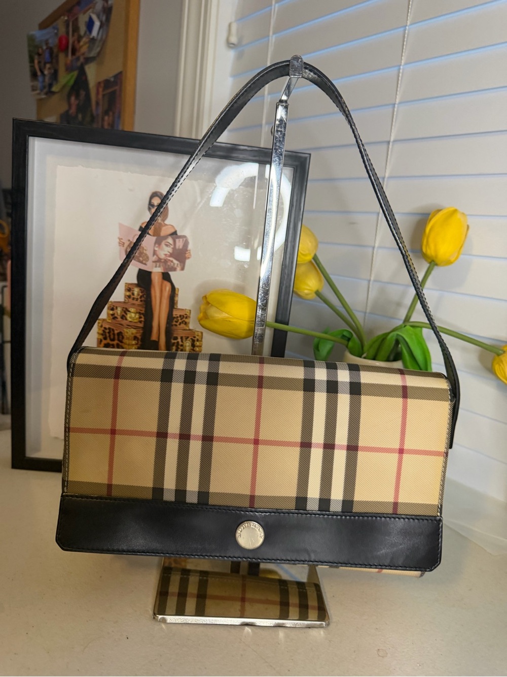 Authentic Burberry Vintage House Check Shoulder Bag Black Leather Trim